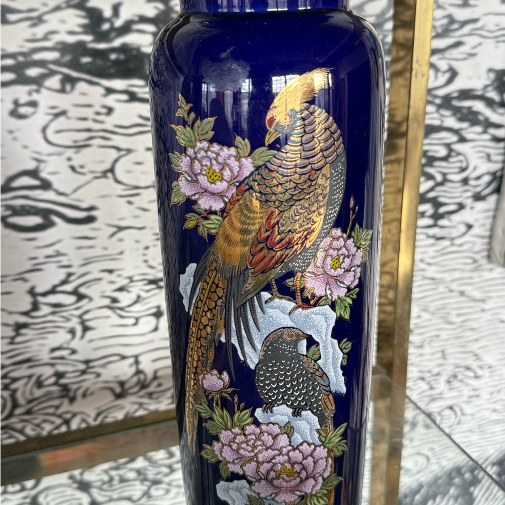 Mutant Elegant Blue Porcelain Vase with Bird and Floral Design